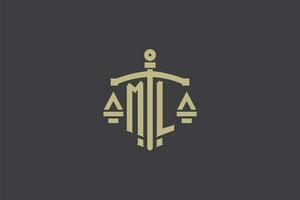 Letter ML logo for law office and attorney with creative scale and sword icon design vector