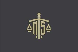 letra em logo para ley oficina y abogado con creativo escala y espada icono diseño vector