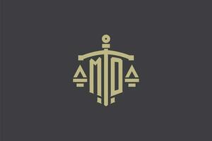 Letter MO logo for law office and attorney with creative scale and sword icon design vector