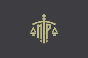 letra mp logo para ley oficina y abogado con creativo escala y espada icono diseño vector
