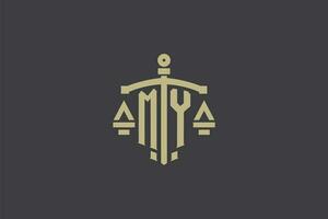 Letter MY logo for law office and attorney with creative scale and sword icon design vector