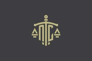 Letter NC logo for law office and attorney with creative scale and sword icon design vector