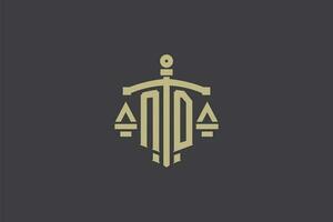 Letter ND logo for law office and attorney with creative scale and sword icon design vector