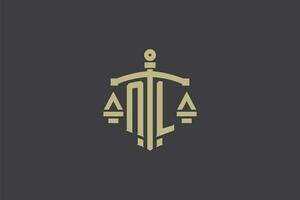 Letter NL logo for law office and attorney with creative scale and sword icon design vector
