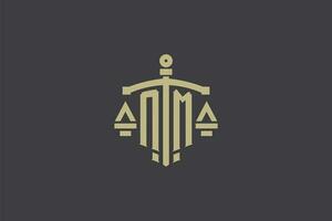 Letter NM logo for law office and attorney with creative scale and sword icon design vector