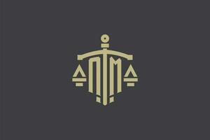 Letter NM logo for law office and attorney with creative scale and sword icon design vector