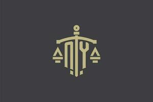 Letter NY logo for law office and attorney with creative scale and sword icon design vector