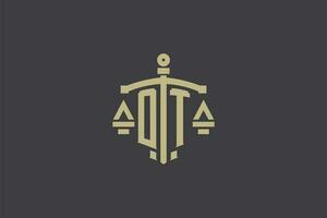 Letter OT logo for law office and attorney with creative scale and sword icon design vector