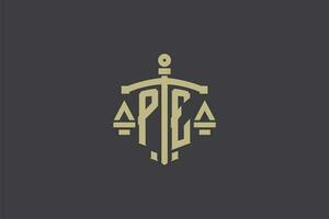 Letter PE logo for law office and attorney with creative scale and sword icon design vector