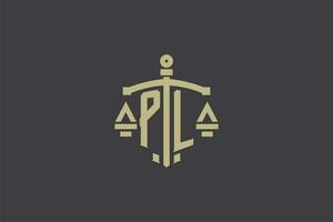 letra pl logo para ley oficina y abogado con creativo escala y espada icono diseño vector