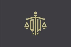 Letter QW logo for law office and attorney with creative scale and sword icon design vector
