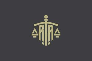 Letter RA logo for law office and attorney with creative scale and sword icon design vector