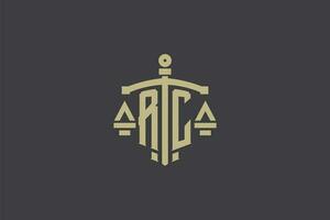 Letter RC logo for law office and attorney with creative scale and sword icon design vector