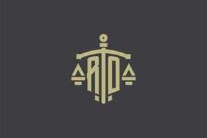 Letter RO logo for law office and attorney with creative scale and sword icon design vector