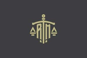 Letter RM logo for law office and attorney with creative scale and sword icon design vector