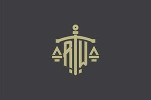 Letter RW logo for law office and attorney with creative scale and sword icon design vector