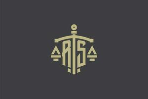 letra rs logo para ley oficina y abogado con creativo escala y espada icono diseño vector