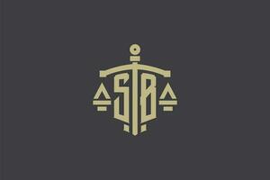 Letter SB logo for law office and attorney with creative scale and sword icon design vector