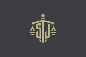 letra sj logo para ley oficina y abogado con creativo escala y espada icono diseño vector