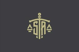 Letter SR logo for law office and attorney with creative scale and sword icon design vector