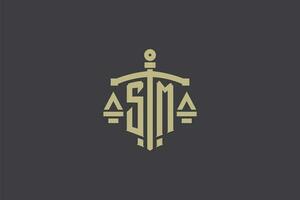 letra sm logo para ley oficina y abogado con creativo escala y espada icono diseño vector