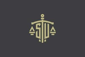 Letter SU logo for law office and attorney with creative scale and sword icon design vector