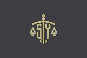 letra sy logo para ley oficina y abogado con creativo escala y espada icono diseño vector