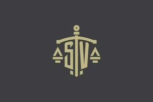 Letter SV logo for law office and attorney with creative scale and sword icon design vector