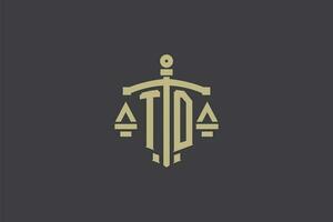 Letter TD logo for law office and attorney with creative scale and sword icon design vector