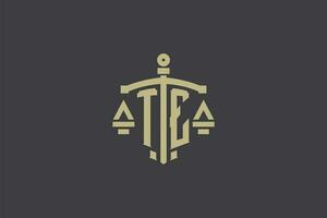 Letter TE logo for law office and attorney with creative scale and sword icon design vector