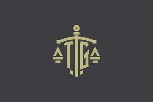 letra tg logo para ley oficina y abogado con creativo escala y espada icono diseño vector