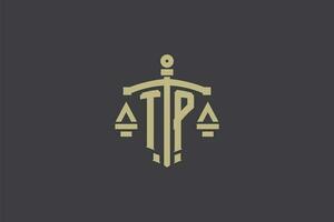 Letter TP logo for law office and attorney with creative scale and sword icon design vector