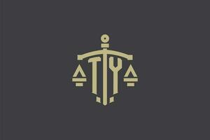 Letter TY logo for law office and attorney with creative scale and sword icon design vector