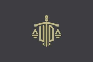 letra ud logo para ley oficina y abogado con creativo escala y espada icono diseño vector