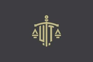 Letter UT logo for law office and attorney with creative scale and sword icon design vector