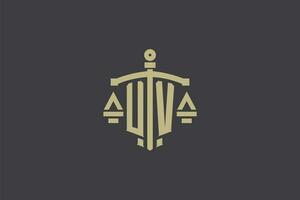 Letter UV logo for law office and attorney with creative scale and sword icon design vector