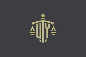 letra uy logo para ley oficina y abogado con creativo escala y espada icono diseño vector