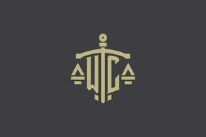 Letter WC logo for law office and attorney with creative scale and sword icon design vector