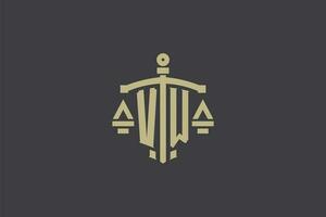 Letter VW logo for law office and attorney with creative scale and sword icon design vector