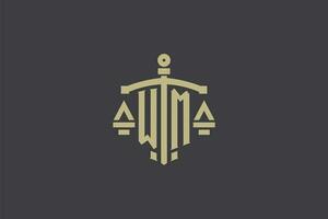 Letter WM logo for law office and attorney with creative scale and sword icon design vector