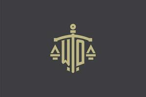 Letter WO logo for law office and attorney with creative scale and sword icon design vector