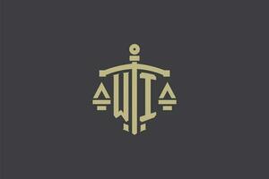 Letter WI logo for law office and attorney with creative scale and sword icon design vector