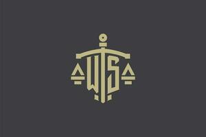 Letter WS logo for law office and attorney with creative scale and sword icon design vector