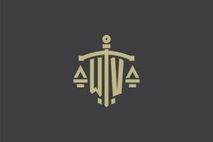 Letter WV logo for law office and attorney with creative scale and sword icon design vector