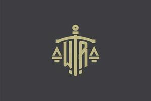 letra wr logo para ley oficina y abogado con creativo escala y espada icono diseño vector
