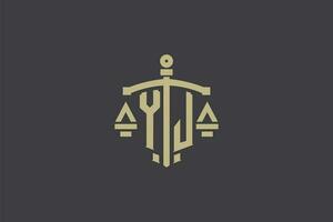 Letter YJ logo for law office and attorney with creative scale and sword icon design vector