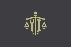 Letter YI logo for law office and attorney with creative scale and sword icon design vector