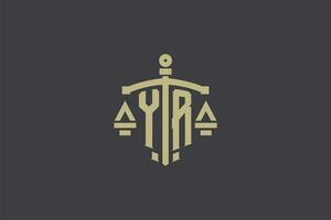 Letter YR logo for law office and attorney with creative scale and sword icon design vector