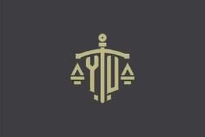letra Yu logo para ley oficina y abogado con creativo escala y espada icono diseño vector
