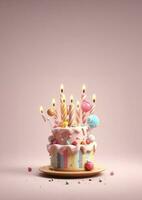 Birthday colorful cake decorated with sweets, Birthday cake with candles, generative ai. photo